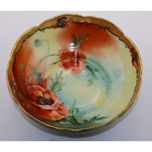 Pickard Hand Painted Poppy Bowl – Antique 6.25" Porcelain w/ Gold Trim - Picture 1 of 7
